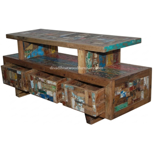 Meuble TV en bois de bateau récupéré, 3 tiroirs, style double plateau, patchwork, bois recyclé, design durable pour support TV - Product Image 4
