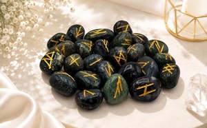 Ensemble de pierres runiques en agate verte mousse avec symboles dorés et pochette en velours pour la guérison Reiki et la méditation - Product Image 3