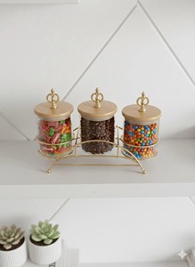 Ensemble de pots en verre chocolat style victorien avec support en métal doré pour le rangement de la cuisine, la présentation de bonbons et de fruits secs, et la décoration de table à manger - Product Image 2