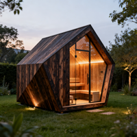 Cabine de sauna extérieure géométrique moderne, sauna en bois brûlé pour 4 à 6 personnes avec verre du sol au plafond et éclairage LED