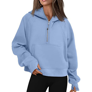 Sudadera con Capucha y Cremallera para Mujer, Azul Claro, Talla Grande, Color Sólido, Forro Polar, Manga Larga, Corta, Transpirable, para Otoño - Product Image 5