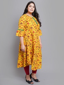 Mustard Cotton Anarkali <b>Kurti</b> With Floral Print Bell Sleeves And Round Neck Design For Plus Size Women's Collection - Product Image 3