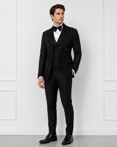 Conjunto de traje de esmoquin negro con cuentas para hombre – Blazer de boda bordado con chaleco, camisa y pajarita |   Traje Formal para Cena de Graduación o Fiesta de Graduación - Product Image 3