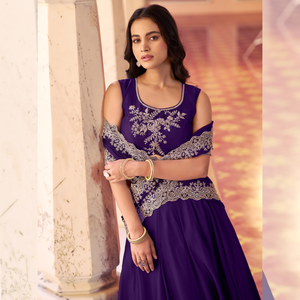 ชุดเลเฮนกา โจลีปักลายสีม่วง ชุดแต่งงานอินเดีย กระโปรงบานและเสื้อสำหรับผู้หญิง - Product Image 2