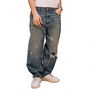 Pantalones Vaqueros de Pierna Recta para Hombre, Estilo Vintage, con Parches, Color Azul Oscuro, Desgastados, de Tela Gruesa, Venta al Por Mayor OEM - Product Image 1