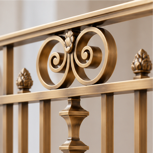 Rampe d'escalier classique en métal doré avec balustres à double volute et poteaux décoratifs pour intérieurs de luxe - Product Image 3
