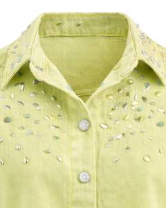 Veste en jean courte pour femme, vert clair personnalisé, avec fermeture boutonnée sur le devant ornée de strass, manches longues, style streetwear tendance - Product Image 3