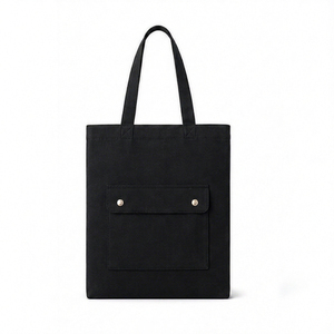 <b>Canvas</b> <b>Tote</b> Bag Black Medium Size Shoulder Handle Front Pocket Button Closure Daily Use Shopping Bag - Product Image 1