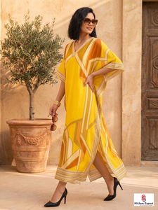 Vestido Kaftán Largo Estampado Amarillo de Rayón para Mujer, Cuello en V, Manga Larga, Hasta la Rodilla, Elegante, Marca HitJem Export Premium - Product Image 5