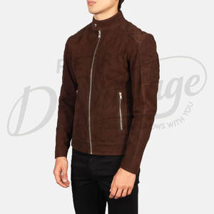 Veste en cuir suédé marron chocolat de qualité supérieure pour homme, coupe ajustée, matelassée losanges, style motard, col montant élégant, manteau d'hiver - Product Image 3