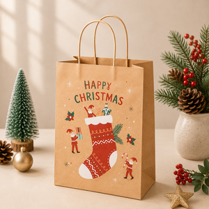 Bolsa de regalo navideña de papel kraft con diseño de muñeco de nieve, asas retorcidas, reciclable, bolsa plana estándar para regalos navideños - Product Image 1