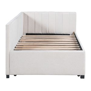 Divano letto imbottito in tessuto di lino beige con letto estraibile, misura singola, senza bisogno di rete a molle - Product Image 4
