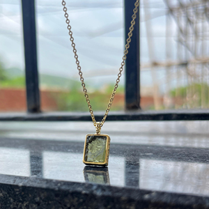 Authentic Raw Moldavite Rectangle Pendant <b>Necklace</b> 18K Gold Plated Brass Minimalist Style <b>Necklace</b> for Unisex Everyday Wear - Product Image 4