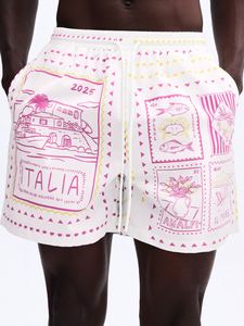 Shorts de Playa para Hombre, Blancos con Estampado Rosa, Cintura Media con Cordón, Secado Rápido, Tejido de Poliéster, Cortos, con Patrón - Product Image 2
