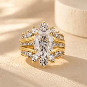 Trendy Oval Cut 4.0 Carat Moissanite Engagement <b>Ring</b> 4 Prong <b>Set</b> 925 <b>Sterling</b> <b>Silver</b> 18K Yellow Gold Plated Wedding Band for - Product Image 4