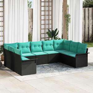 Juego de sofás de jardín de ratán sintético negro de 9 piezas con cojines - Product Image 1