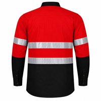 Kemeja Kerja Konstruksi Unisex Visibilitas Tinggi Merah Hitam Garis Reflektif Lengan Panjang Kancing Depan Saku Katun Bernapas