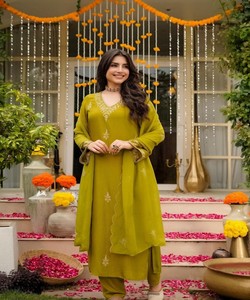 FANCY MUL CHANDERI SEQUENCE EMBROIDERY WORK <b>TOP</b> BOTTOM WITH DUPATTA <b>FESTIVE</b> WEAR WHOLESALE PRICE ETHNIC GARMENT GREEN - Product Image 2