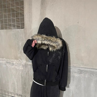 Ensemble survêtement personnalisé en fausse fourrure à capuche, logo gris, fermeture éclair, coupe ample, sweat-shirt et pantalon de survêtement à jambes larges, jogging pour homme