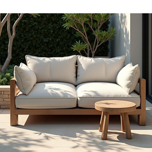 Canapé d'extérieur deux places en teck moderne et durable avec coussins beiges résistants aux intempéries - Product Image 1