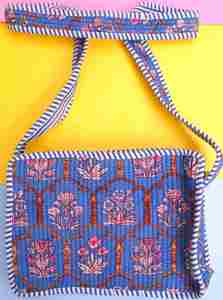 Hand Block Print <b>Quilted</b> Cotton Crossbody Bag Indian Floral Sling Purse with Striped Trim - Product Image 2