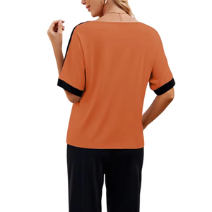 Women's Orange Black Color Block Tracksuit Short Sleeve Crew Neck Loose Fit Ankle-Length <b>Pants</b> Side Pockets Elastic Waist - Product Image 3