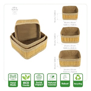 Set of 3 <b>Square</b> Seagrass <b>Baskets</b> with Fabric Stitching Handmade Storage <b>Basket</b> Wholesale eco-friendly Made in Vietnam - Product Image 2