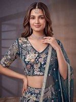 Set Lehenga Pernikahan India Bahan Beludru dengan Dupatta Bermotif Bunga, Gaun Formal untuk Pengantin dan Pengiring Pengantin, Anti Kusut, Panjang Menyentuh Lantai