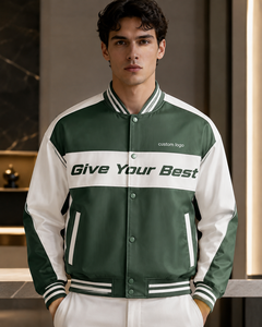 เสื้อแจ็คเก็ตบอมเบอร์สีเขียวขาวสำหรับผู้ชาย ปกคอพับ ติดกระดุม สไตล์สปอร์ต พิมพ์ลายโลโก้ด้านหน้า ผลิตจากโพลีเอสเตอร์ เหมาะสำหรับฤดูใบไม้ร่วง - Product Image 1