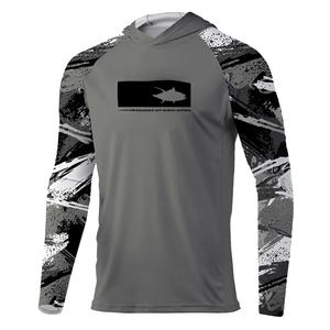 Sweat à capuche de pêche à manches longues pour homme, gris avec manches camouflage, protection UPF 50 anti-UV, vêtements de pêche en haute mer, logo imprimé sur le devant - Product Image 2