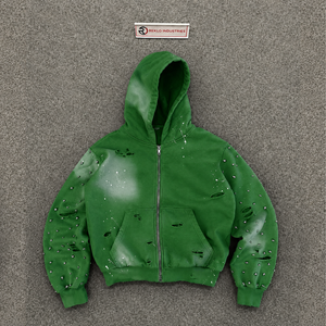 100% Soft COTTON Green Men's Hoodies Oversized Streetwear <b>Style</b> With <b>Spray</b> Printing And Distressed Details Regular Sleeve French - Product Image 5