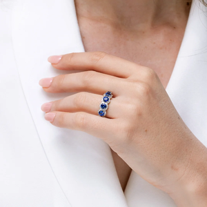 2026 New Arrival 14K Solid Gold Five-Stone Natural Blue Sapphire & Diamond Half Eternity Halo Ring <b>Top</b> Quality Wedding Ring RTS - Product Image 3