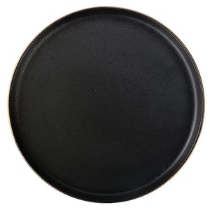 Plato de cerámica negro mate con borde dorado, diseño minimalista, duradero, apto para lavavajillas, forma redonda, para restaurante, hogar, uso diario. - Product Image 3