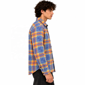 Chemise en flanelle à carreaux bleu et orange pour homme, manches longues, 100% coton, boutonnée, décontractée, pour l'automne - Product Image 3