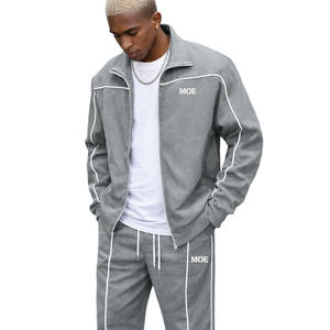 Ensemble survêtement et jogging en molleton gris pour homme avec piping contrasté, haut zippé et pantalon large, streetwear, tenue quotidienne, deux pièces - Product Image 4