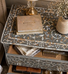 Decorative Resin Inlay Living <b>Room</b> <b>Cabinet</b> Two Drawer Side Table Floral Pattern Accent <b>Storage</b> <b>Cabinet</b> for Bedroom - Product Image 5