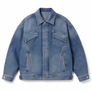 Chaqueta Vaquera Azul Lavada Extra Grande Personalizada, Unisex, Estilo Urbano, Abrigo de Mezclilla de Algodón con Múltiples Bolsillos, Fabricante de Marca Privada OEM - Product Image 1