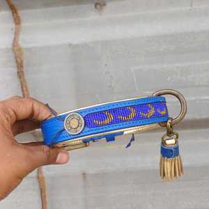 Collar de Cuero Azul para Perro con Letras Doradas con Cuentas, Estilo Bohemia, Borla Decorativa, Cierre de Hebilla Personalizado, para Todas las Estaciones - Product Image 1