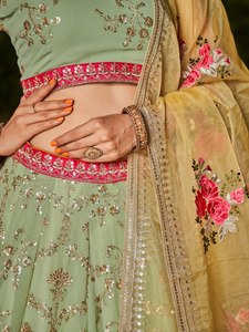 Green Embroidered Lehenga Set Sleeveless Blouse <b>Net</b> Dupatta Floral Border Wedding Festival Wear - Product Image 3