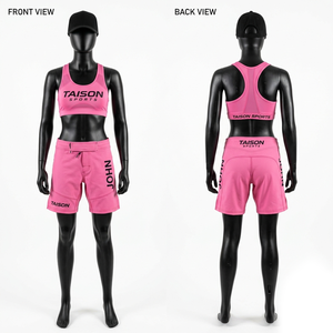 ชุดเสื้อชั้นในกีฬาและกางเกงขาสั้น BJJ ผ้าไนลอนผสมสแปนเด็กซ์ 280 GSM สีเทา ดีไซน์แผงหลังแบบ Racerback พร้อมโลโก้แบบสั่งทำด้วยเทคนิค Heat Transfer ระบายอากาศได้ดี ยืดหยุ่น กระชับรูปร่าง - Product Image 4