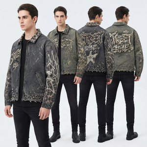 Veste en jean délavée style streetwear personnalisée, imprimé graphique vintage, effet usé, fermeture éclair, décontractée, unisexe - Product Image 6