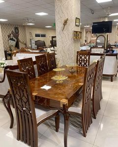 Luxury Handcrafted Solid Wood 8 Seater Dining <b>Table</b> Set High Gloss <b>Walnut</b> Finish Ornate Carved Chairs - Product Image 1