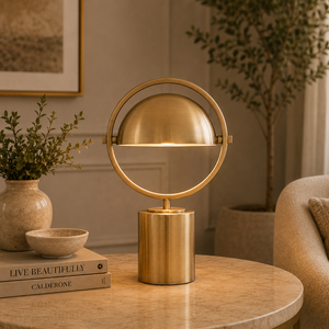 Orbit Dome Metal <b>Table</b> Lamp Mid Century Modern <b>Gold</b> Finish Sculptural Design Luxury <b>Bedside</b> Accent Lighting - Product Image 1