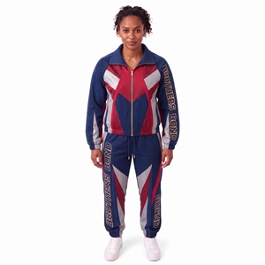 Conjunto deportivo azul marino para mujer, con paneles rojos y grises en forma de chevron, chaqueta con cremallera y pantalones elásticos, conjunto de 2 piezas para actividades al aire libre. - Product Image 1