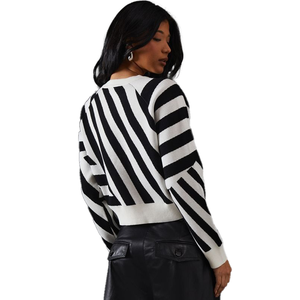 Cárdigan de punto a rayas para mujer, cuello redondo, manga larga, botones al frente, top corto informal para todas las estaciones - Product Image 2