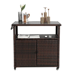 Brun clair Extérieur Osier Bar Chariot Roues Roulant Rotin Boissons Bar Comptoir Table En Verre Patio Vin Service Chariot pour - Product Image 3