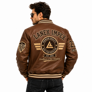 Custom Brown Varsity Letterman <b>Jacket</b> <b>Men</b> PU <b>Leather</b> Baseball College Front Embroidered Chenille Patch Bomber <b>Jacket</b> OEM Bulk - Product Image 4
