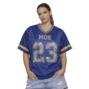 เสื้อเจอร์ซีย์อเมริกันฟุตบอลสีทองน้ำเงินสำหรับผู้หญิง ประดับเลื่อมวิบวับ สไตล์สตรีทแวร์ ผ้าตาข่ายระบายอากาศ ชุดทีม สามารถปรับแต่งได้ตามต้องการ รับผลิตแบบ OEM/ODM - Product Image 2