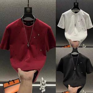<b>Men's</b> Red Short Sleeve O-Neck T-Shirt With Rhinestone Dot Pattern Street Style Knitted Fabric Regular Fit - Product Image 6