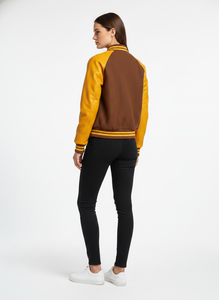 Chaqueta Varsity Premium para Mujer de Lana y Cuero - Marrón, Amarillo y Naranja con Logotipo SQS - Product Image 4